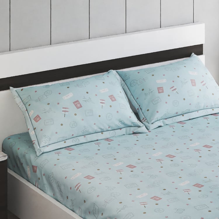 Slate Kids Travel Cotton 150TC Printed 3Pcs Queen Bedsheet Set