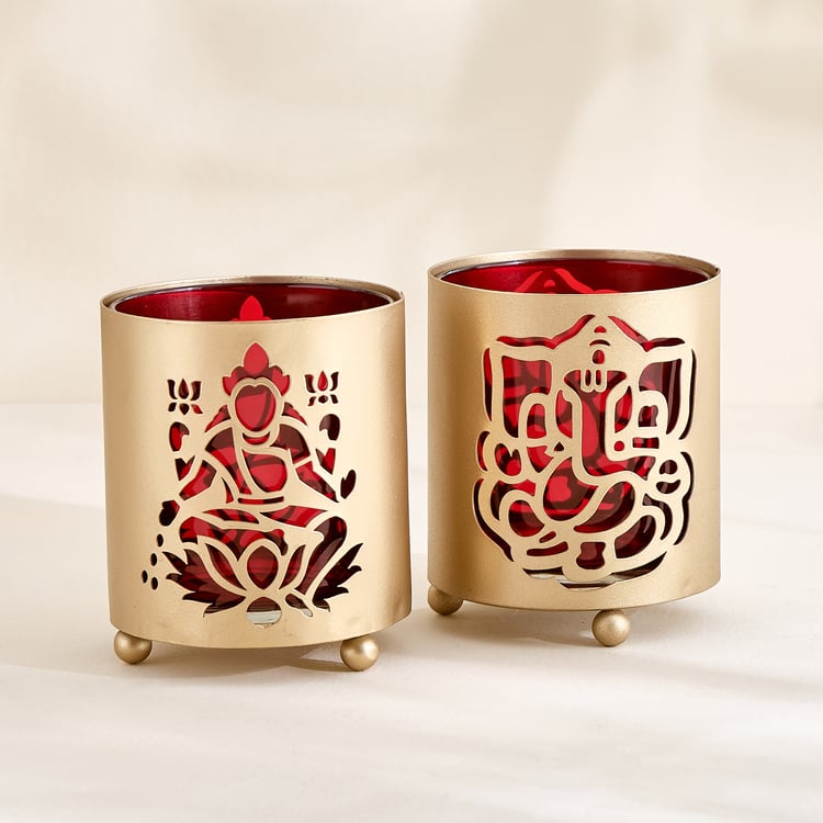 Corsica Nahar Curio Set of 2 Glass Lakshmi and Ganesha T-Light Holders