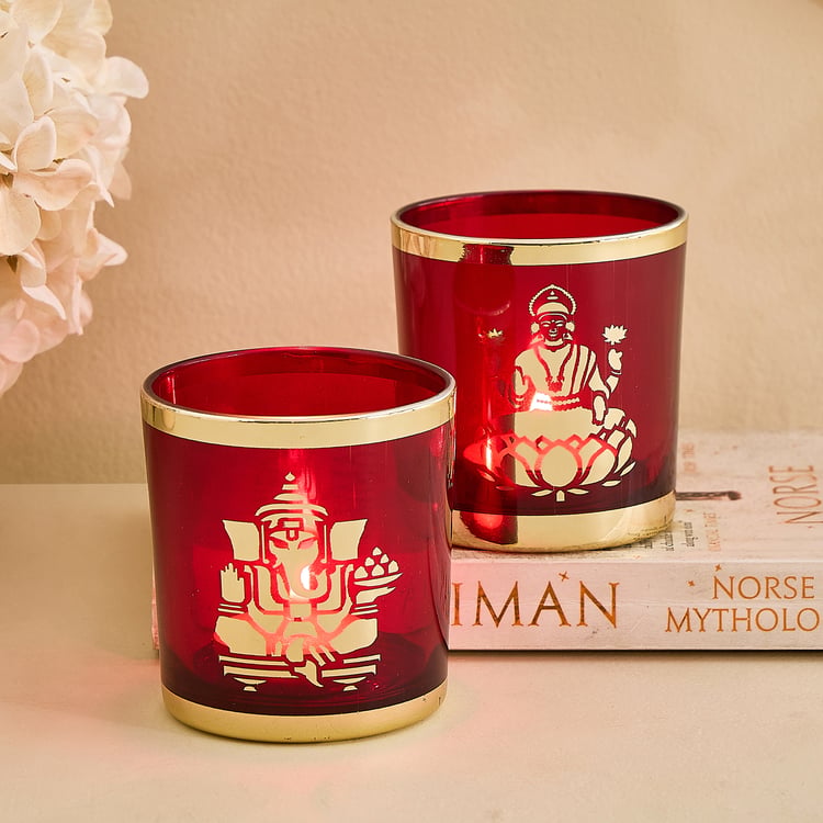 Corsica Nahar Curio Set of 2 Glass Lakshmi Ganesha T-Light Holders