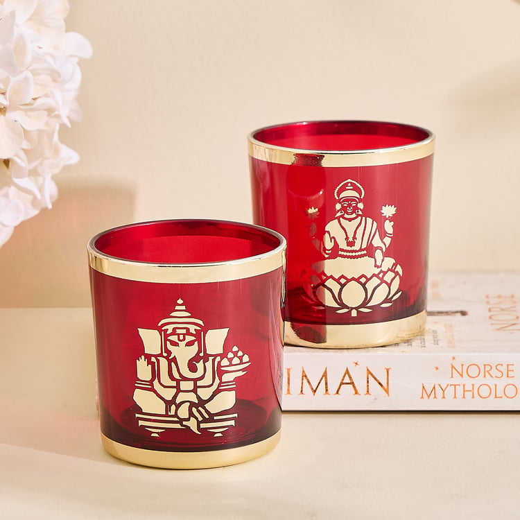 Corsica Nahar Curio Set of 2 Glass Lakshmi Ganesha T-Light Holders
