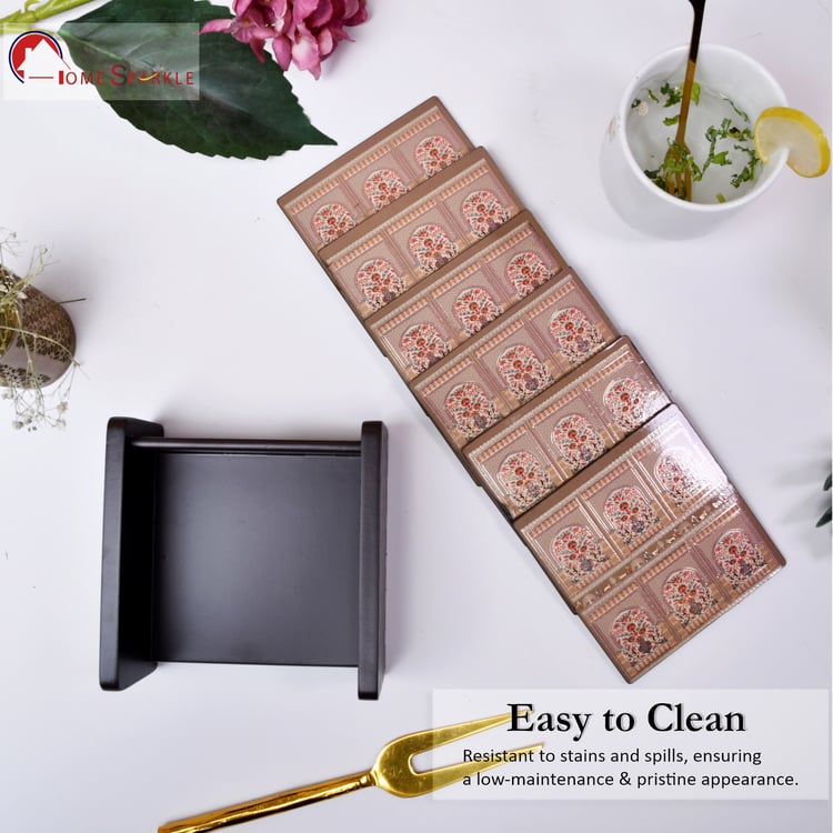 HOME SPARKLE Set of 6 Wooden Coasters with Holder