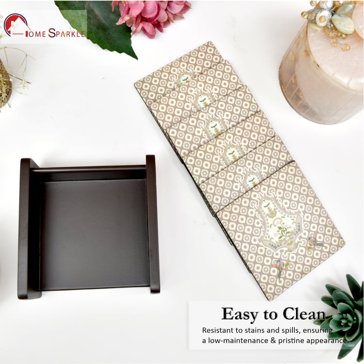 HOME SPARKLE Set of 6 Wooden Coasters with Holder