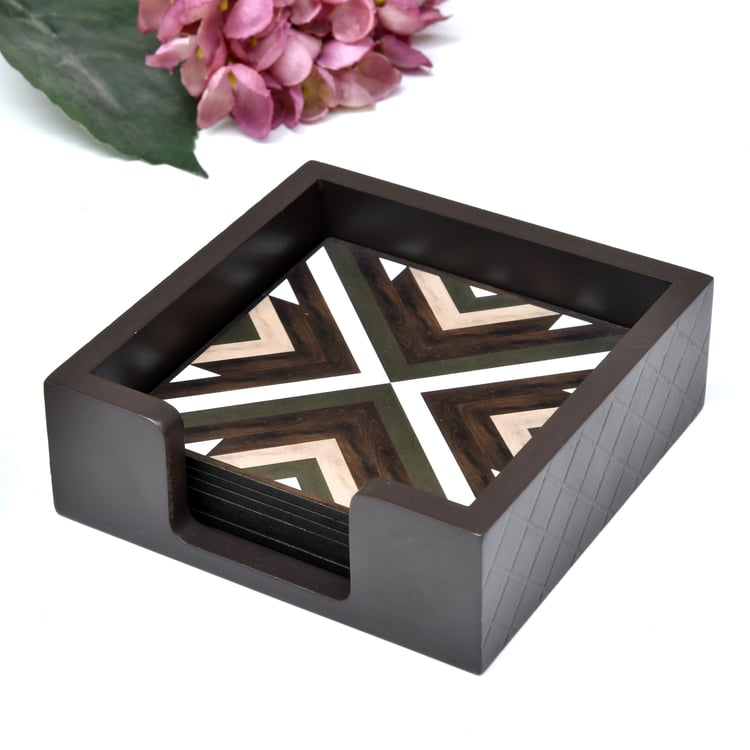 HOME SPARKLE Set of 6 Wooden Coasters with Holder