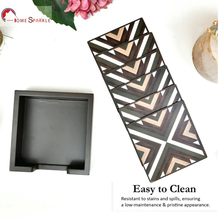 HOME SPARKLE Set of 6 Wooden Coasters with Holder