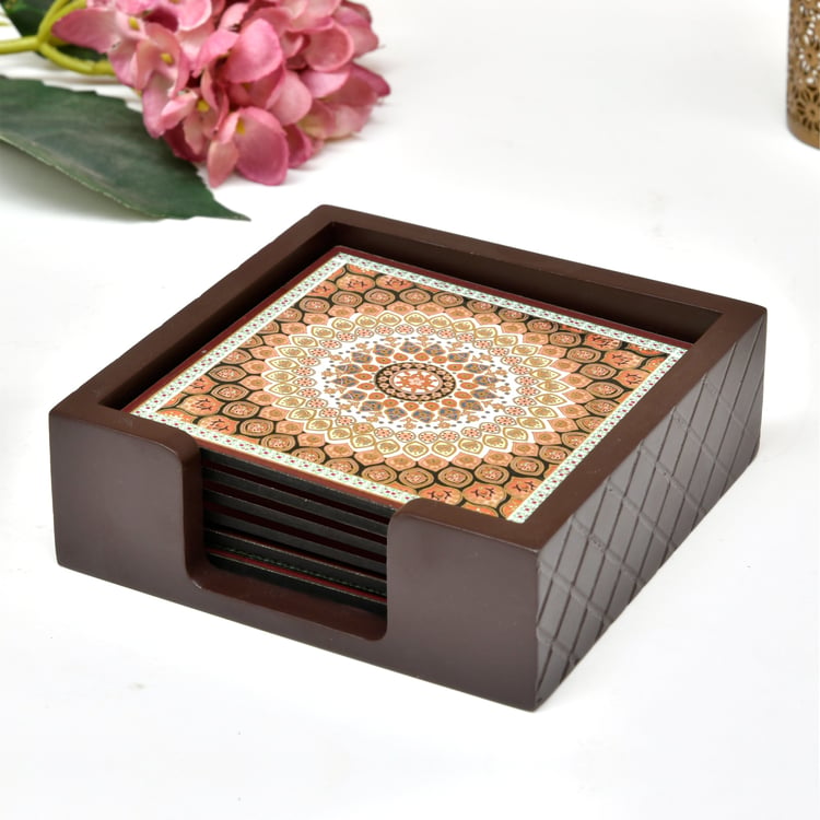 HOME SPARKLE Set of 6 Wooden Coasters with Holder