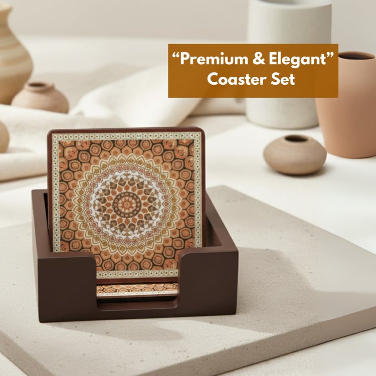 HOME SPARKLE Set of 6 Wooden Coasters with Holder