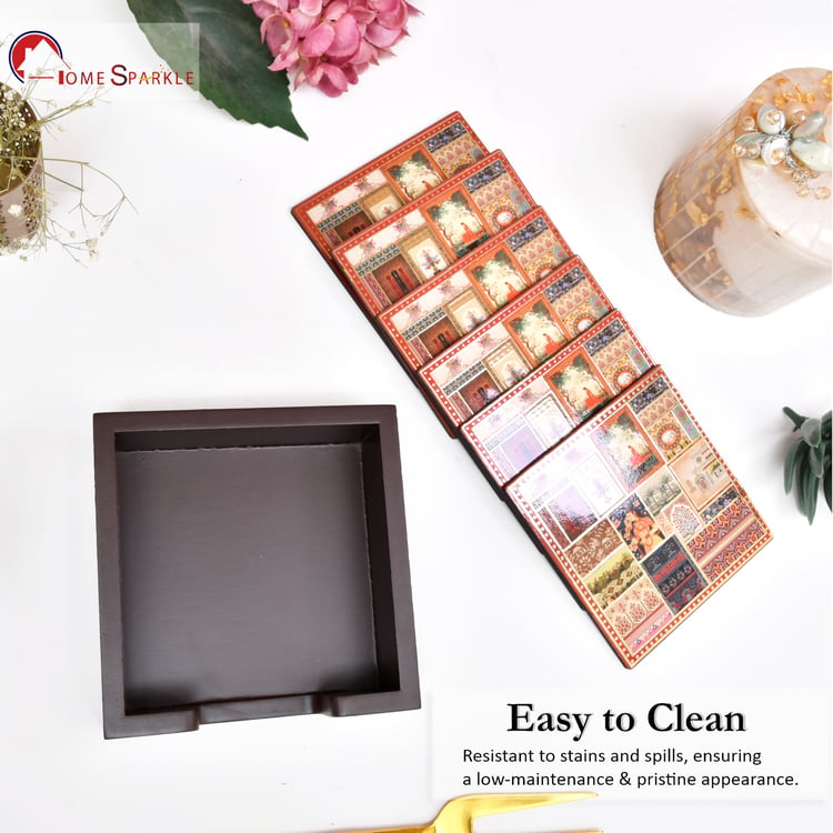 HOME SPARKLE Set of 6 Wooden Coasters with Holder