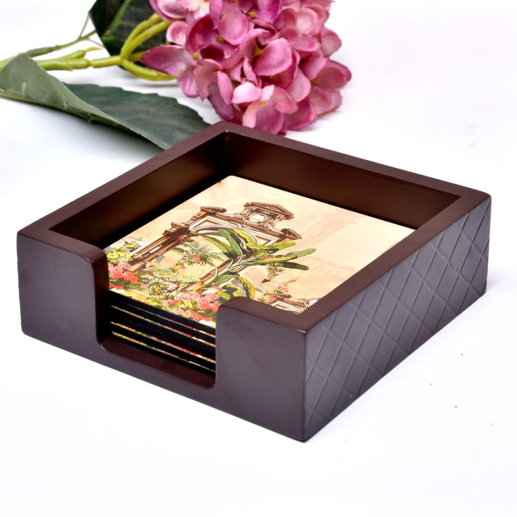 HOME SPARKLE Set of 6 Wooden Coasters with Holder