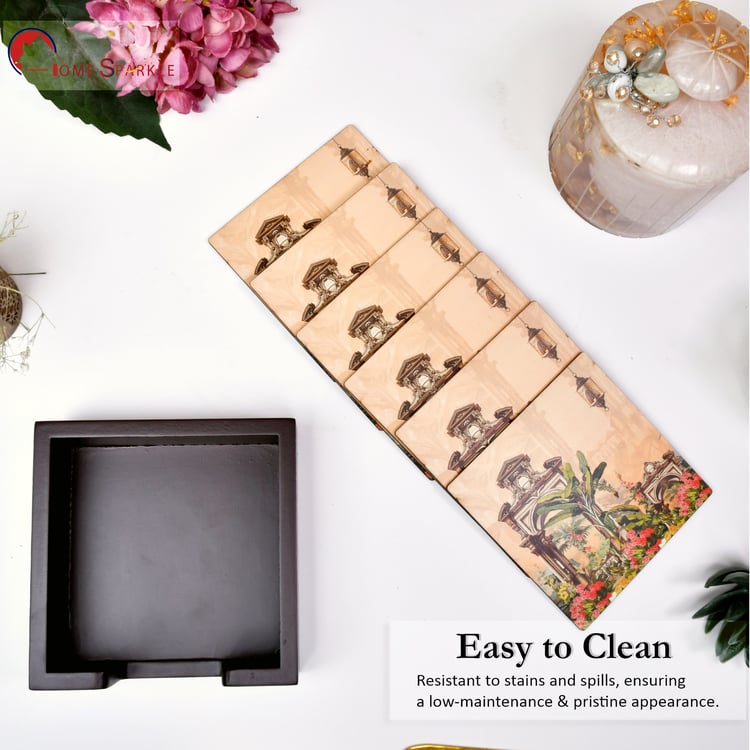 HOME SPARKLE Set of 6 Wooden Coasters with Holder