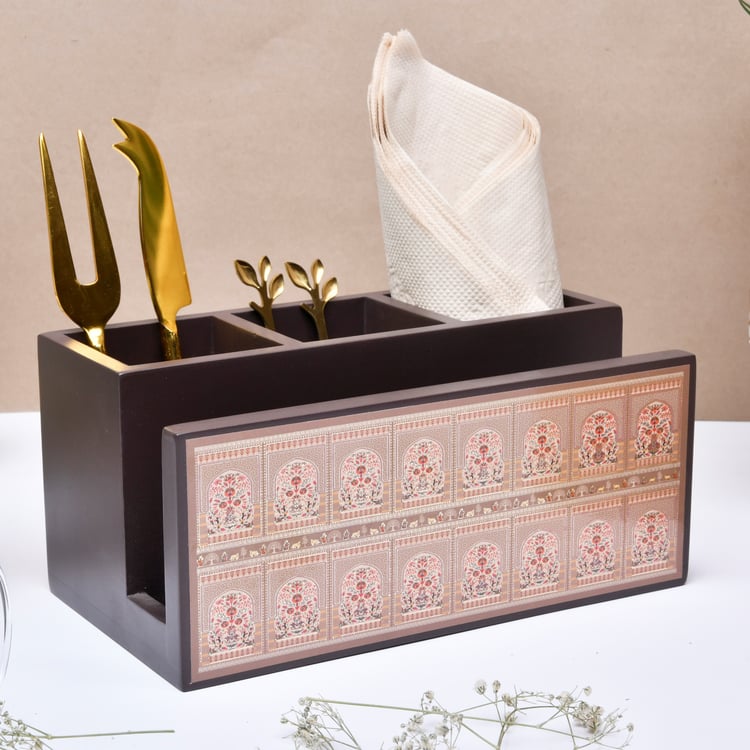 HOME SPARKLE Wooden Cutlery and Tissue Holder