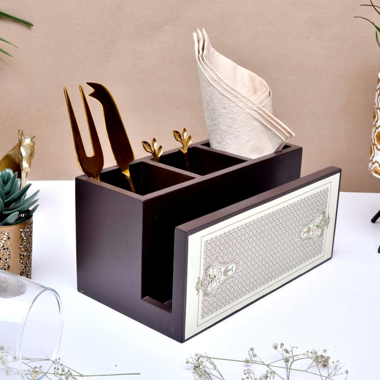 HOME SPARKLE Wooden Printed Cutlery & Tissue Holder
