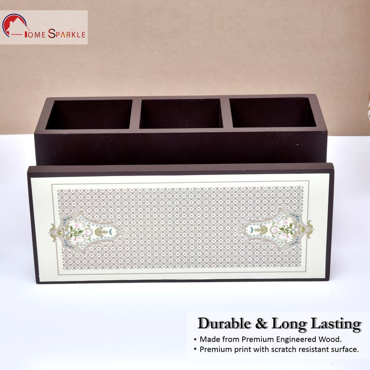 HOME SPARKLE Wooden Printed Cutlery & Tissue Holder