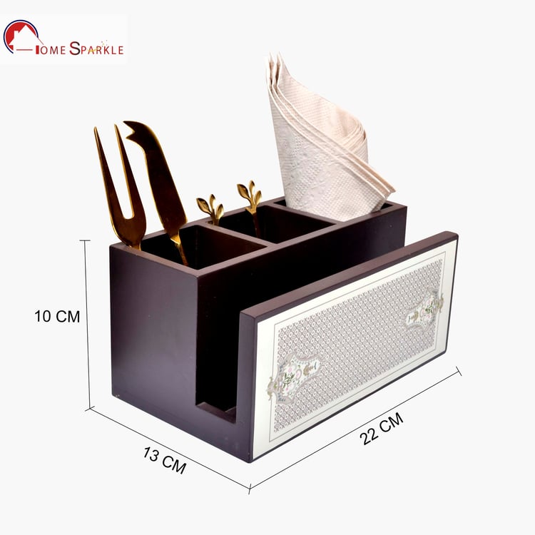 HOME SPARKLE Wooden Printed Cutlery & Tissue Holder