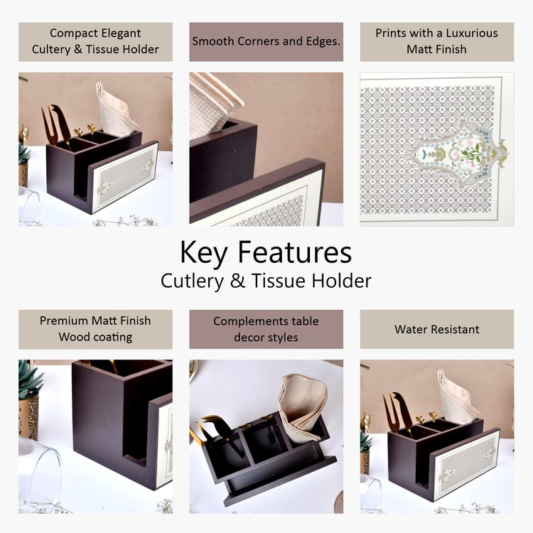HOME SPARKLE Wooden Printed Cutlery & Tissue Holder