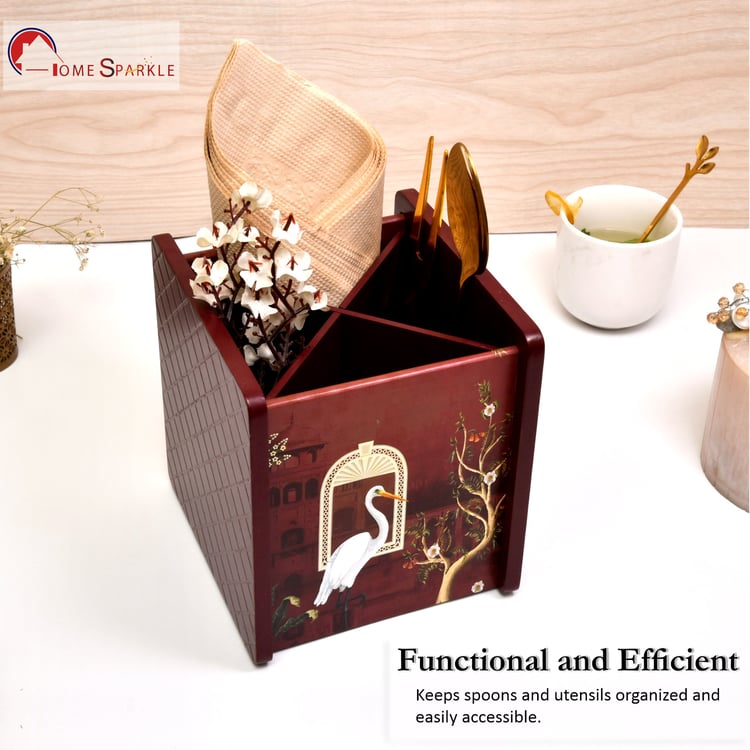 HOME SPARKLE Wooden Printed Cutlery & Tissue Holder
