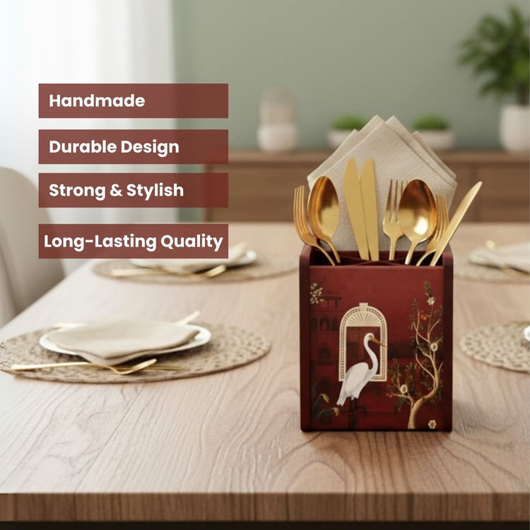 HOME SPARKLE Wooden Printed Cutlery & Tissue Holder
