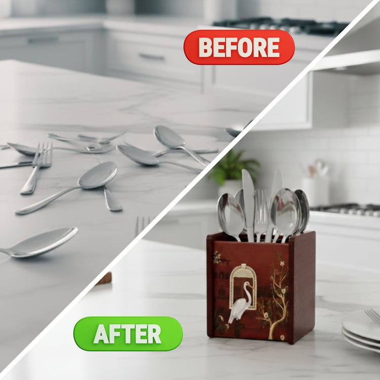 HOME SPARKLE Wooden Printed Cutlery & Tissue Holder