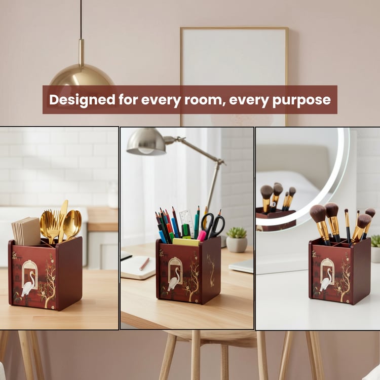 HOME SPARKLE Wooden Printed Cutlery & Tissue Holder