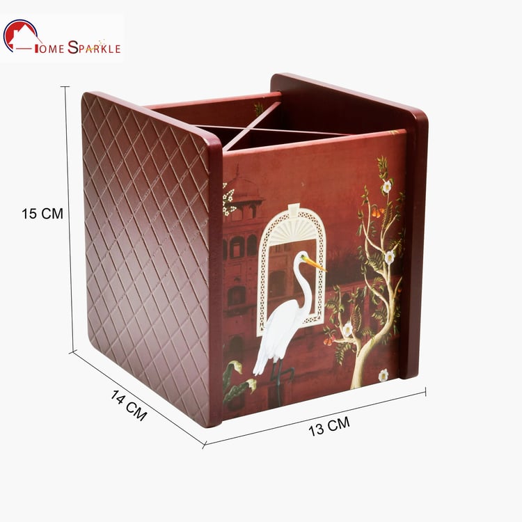 HOME SPARKLE Wooden Printed Cutlery & Tissue Holder