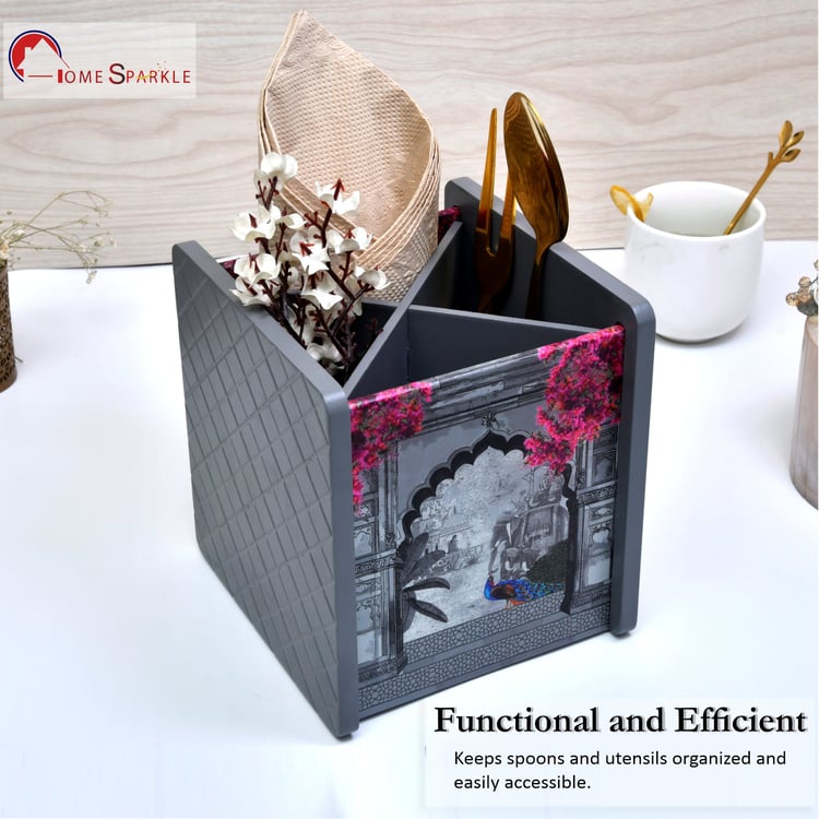 HOME SPARKLE Wooden Printed Cutlery & Tissue Holder