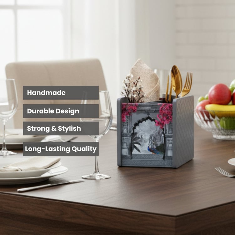 HOME SPARKLE Wooden Printed Cutlery & Tissue Holder