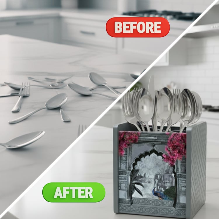 HOME SPARKLE Wooden Printed Cutlery & Tissue Holder