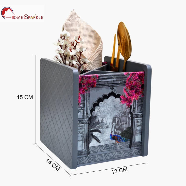 HOME SPARKLE Wooden Printed Cutlery & Tissue Holder