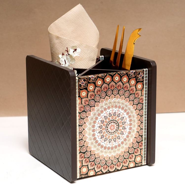 HOME SPARKLE Wooden Printed Cutlery & Tissue Holder