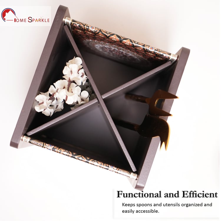 HOME SPARKLE Wooden Printed Cutlery & Tissue Holder