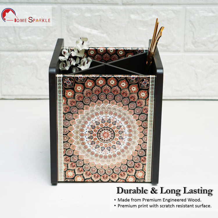 HOME SPARKLE Wooden Printed Cutlery & Tissue Holder