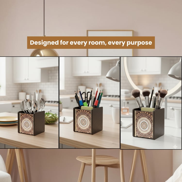 HOME SPARKLE Wooden Printed Cutlery & Tissue Holder