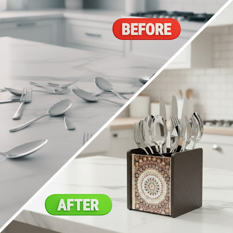 HOME SPARKLE Wooden Printed Cutlery & Tissue Holder