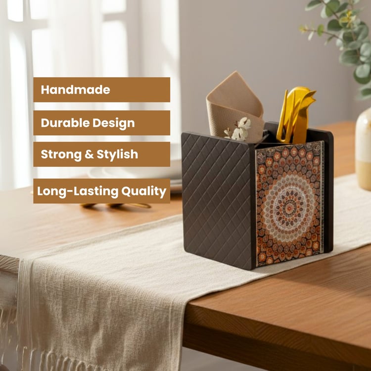 HOME SPARKLE Wooden Printed Cutlery & Tissue Holder