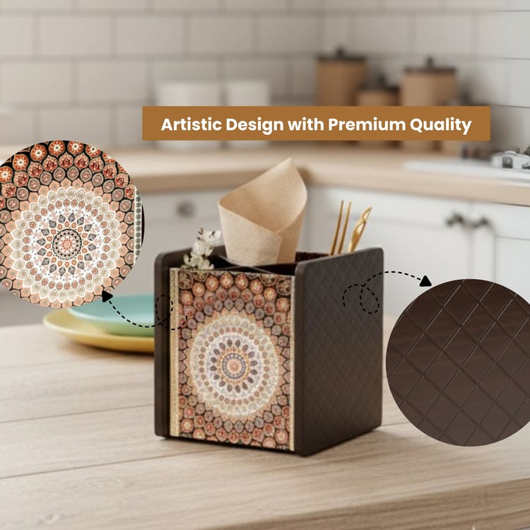 HOME SPARKLE Wooden Printed Cutlery & Tissue Holder