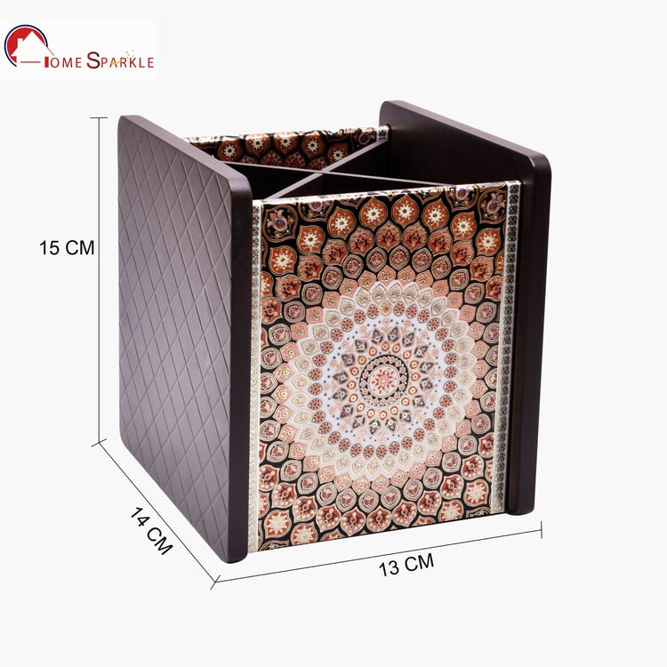 HOME SPARKLE Wooden Printed Cutlery & Tissue Holder
