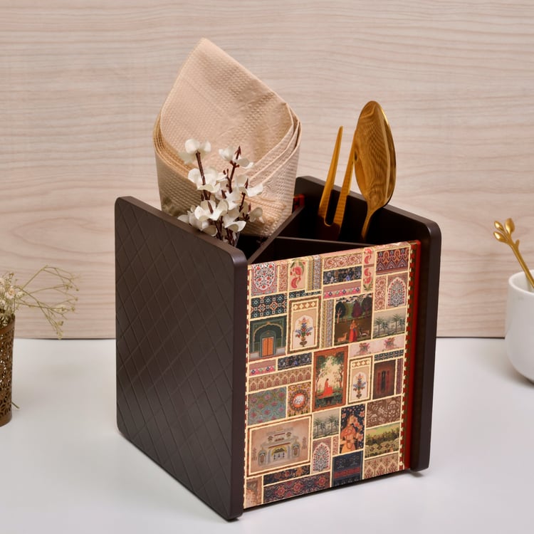 HOME SPARKLE Wooden Printed Cutlery & Tissue Holder