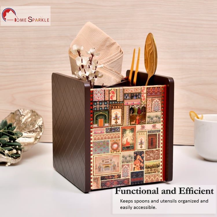 HOME SPARKLE Wooden Printed Cutlery & Tissue Holder