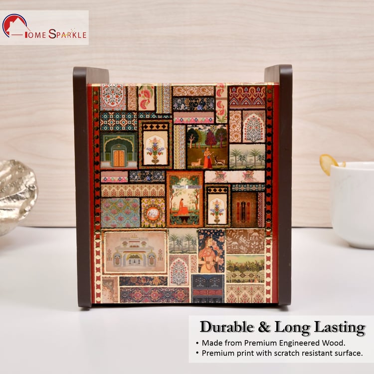 HOME SPARKLE Wooden Printed Cutlery & Tissue Holder