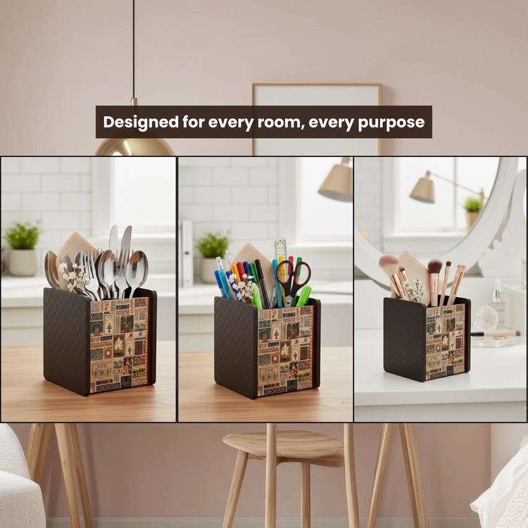 HOME SPARKLE Wooden Printed Cutlery & Tissue Holder
