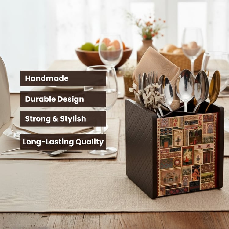 HOME SPARKLE Wooden Printed Cutlery & Tissue Holder