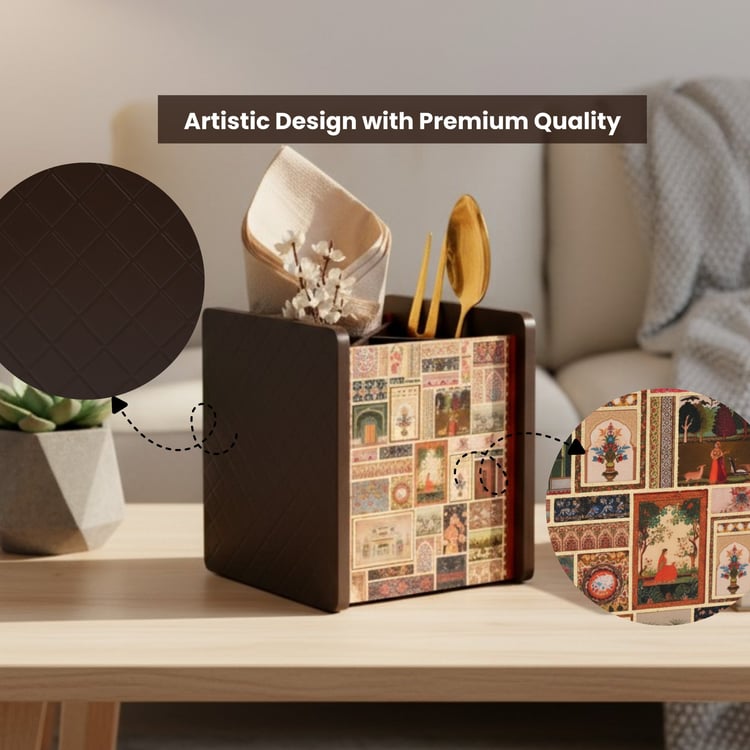 HOME SPARKLE Wooden Printed Cutlery & Tissue Holder