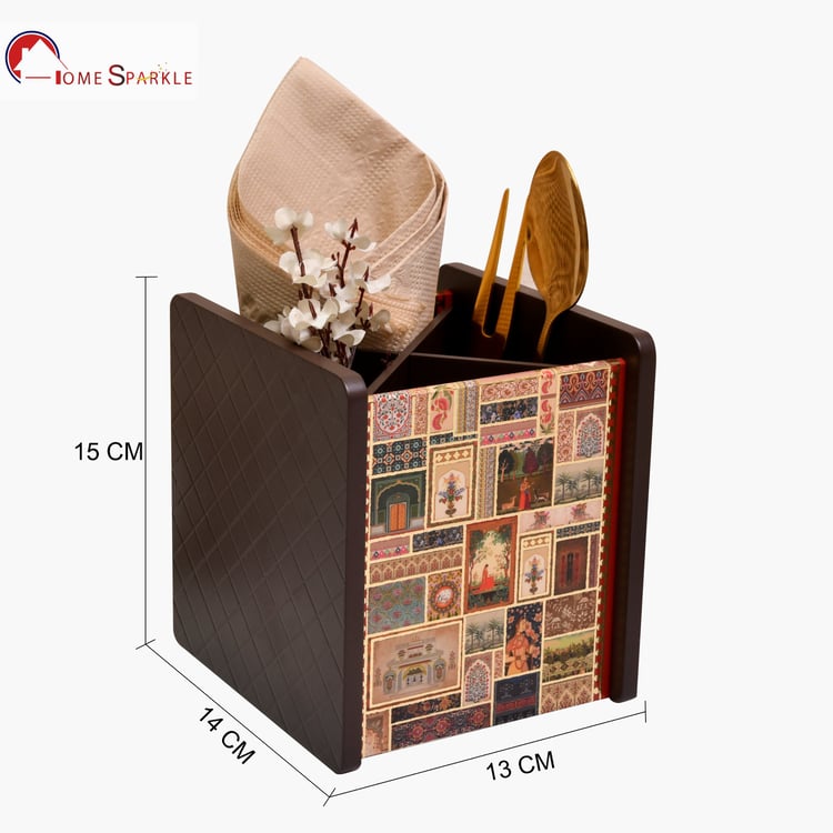 HOME SPARKLE Wooden Printed Cutlery & Tissue Holder
