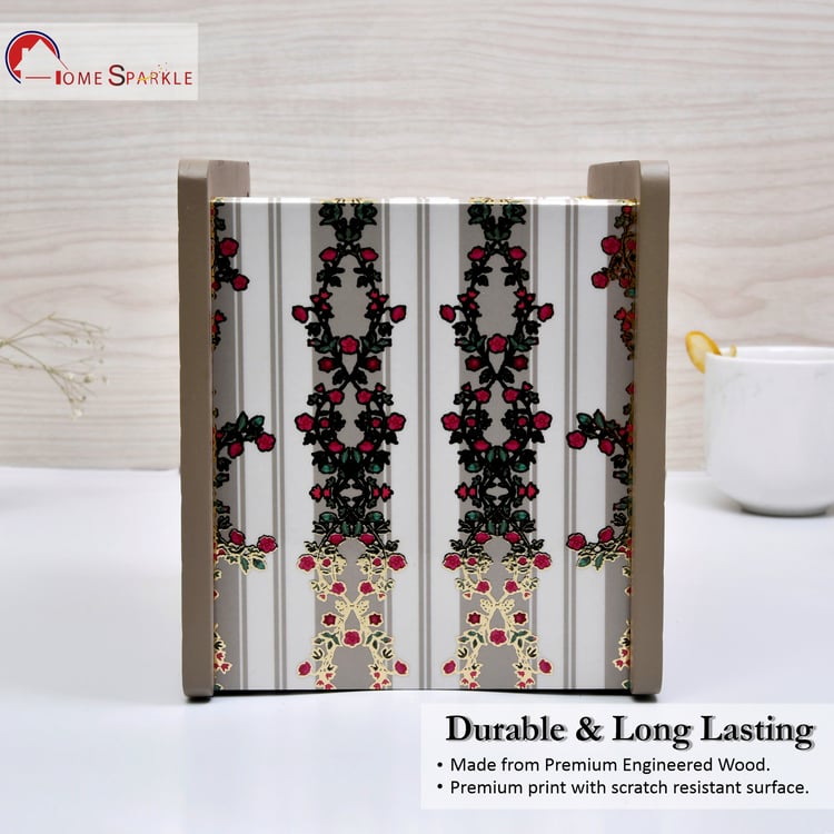 HOME SPARKLE Wooden Printed Cutlery & Tissue Holder