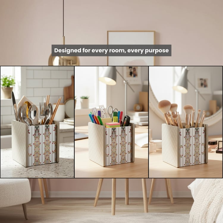 HOME SPARKLE Wooden Printed Cutlery & Tissue Holder