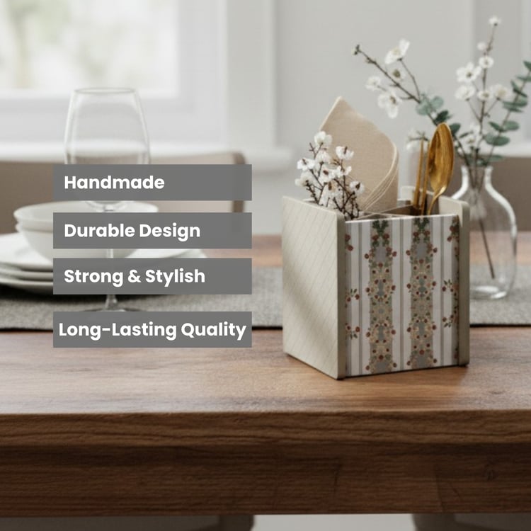 HOME SPARKLE Wooden Printed Cutlery & Tissue Holder