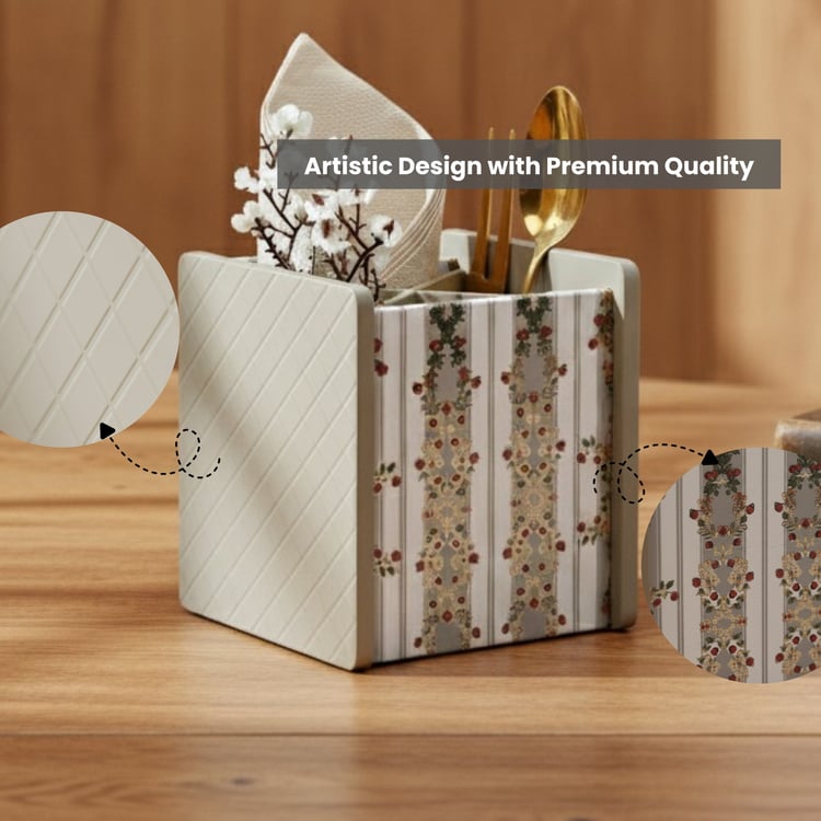 HOME SPARKLE Wooden Printed Cutlery & Tissue Holder