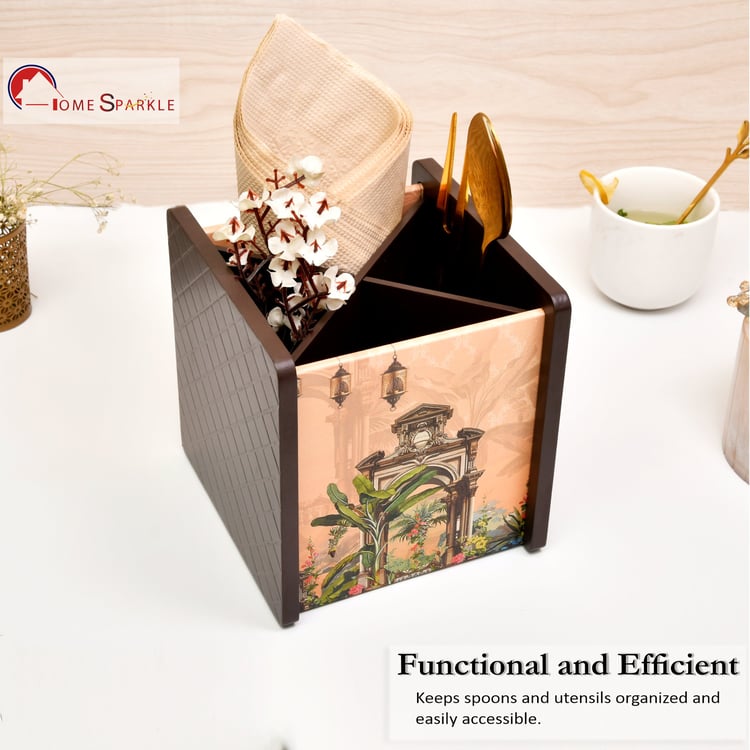 HOME SPARKLE Wooden Printed Cutlery & Tissue Holder