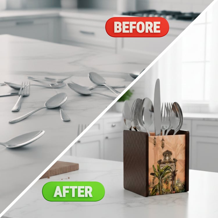 HOME SPARKLE Wooden Printed Cutlery & Tissue Holder