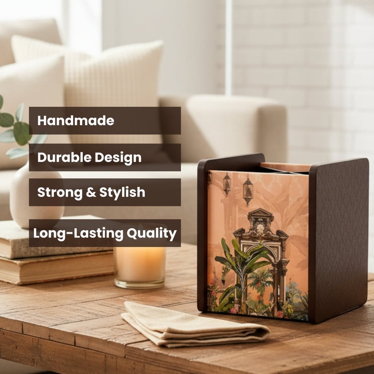 HOME SPARKLE Wooden Printed Cutlery & Tissue Holder