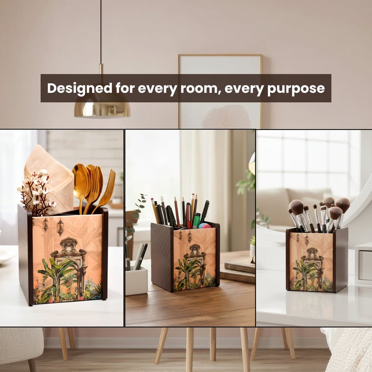 HOME SPARKLE Wooden Printed Cutlery & Tissue Holder